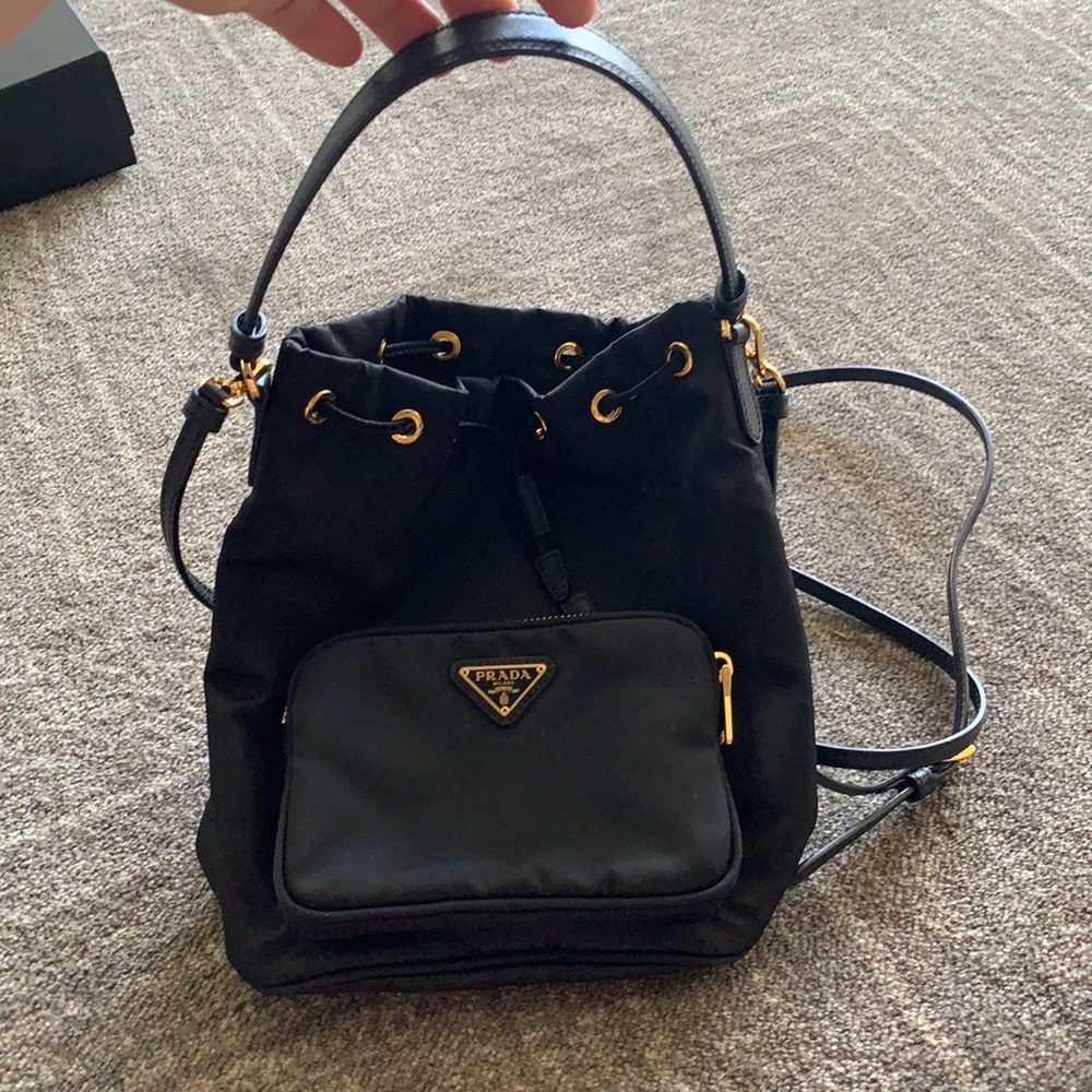 PRADA nylon bucket drawstring bag in black .. like new condition!